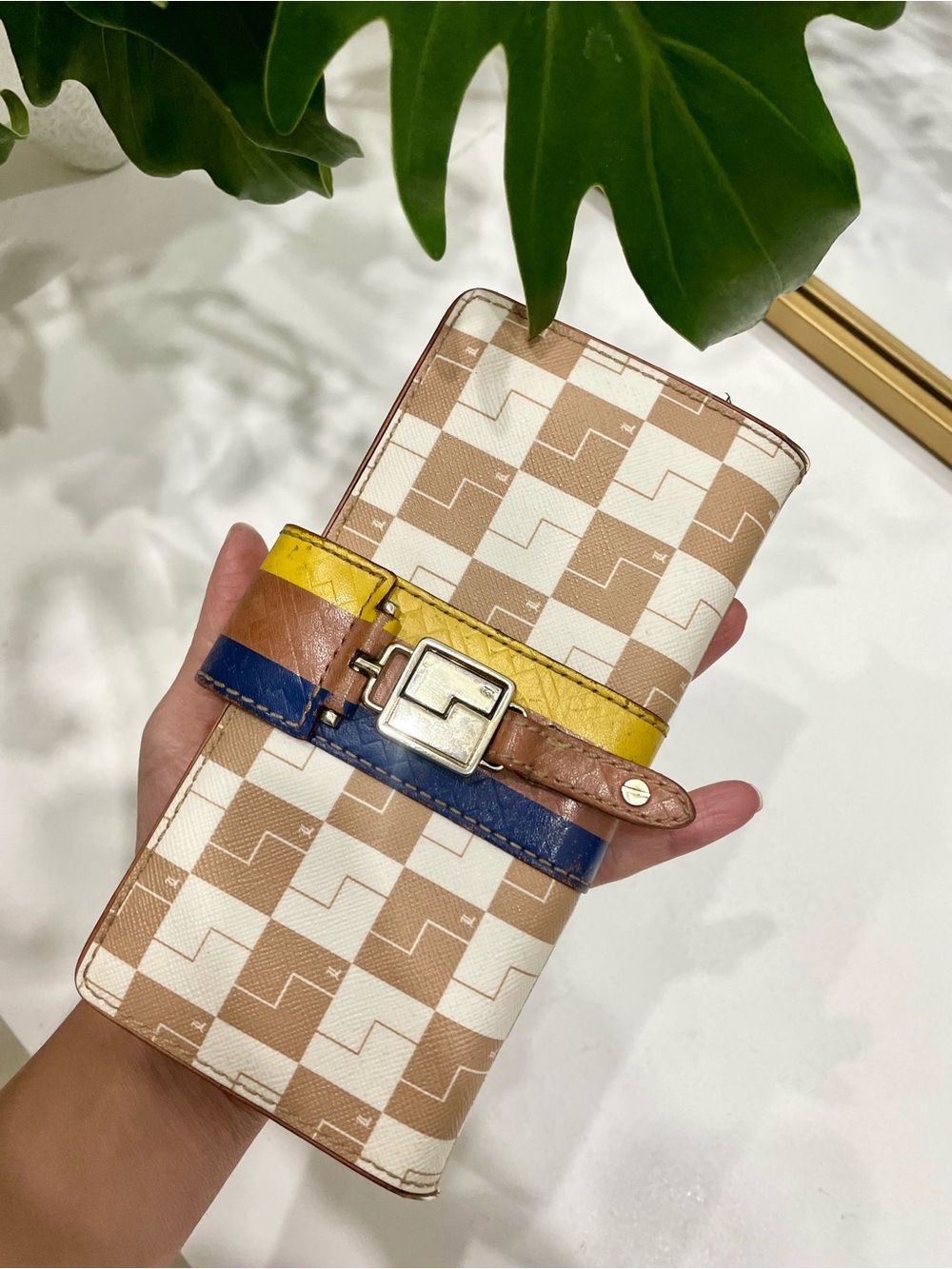 L.A.M.B Check Travel Wallet with Yellow & Blue Strap